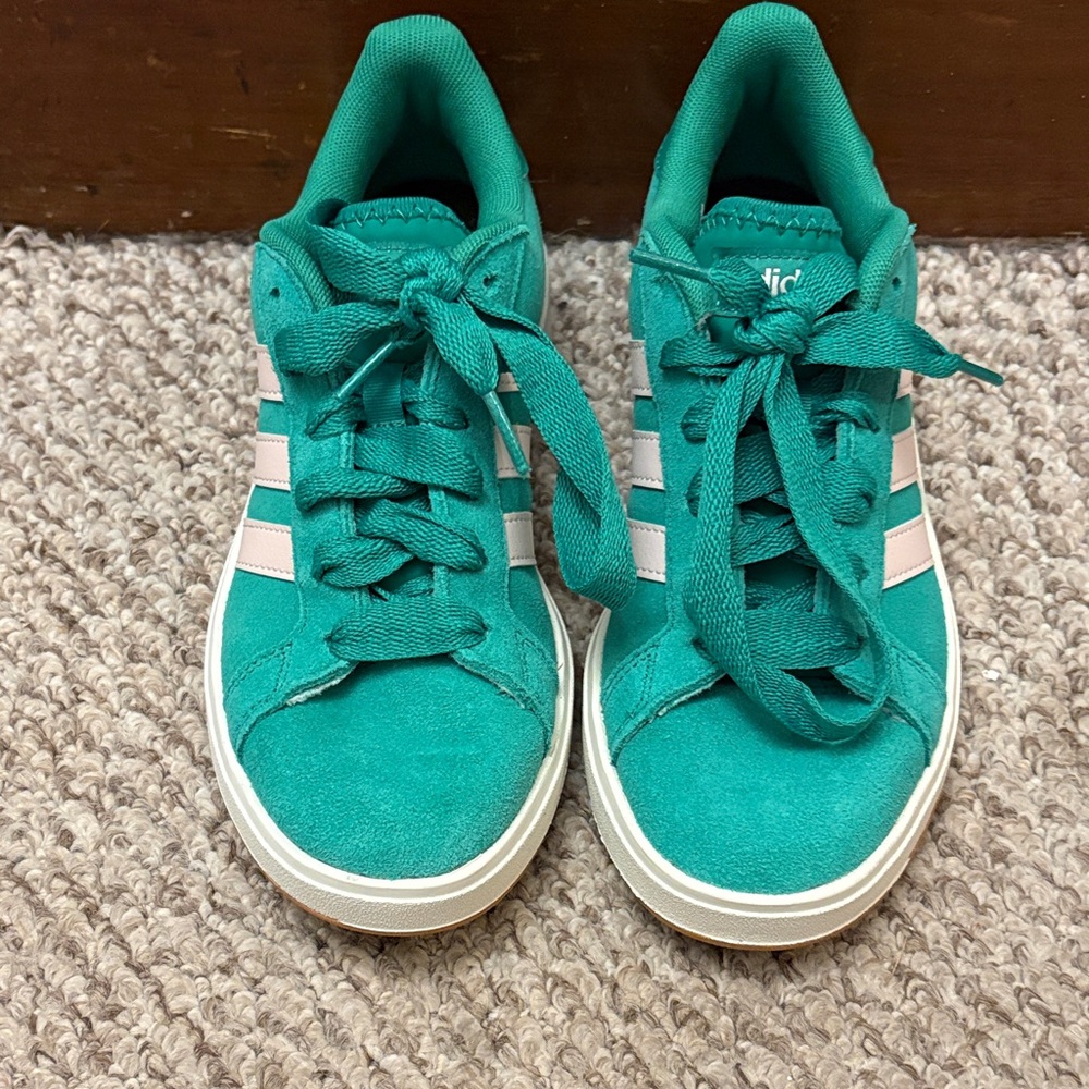 adidas Kids green Suede Sneakers with Light Pink Stripes